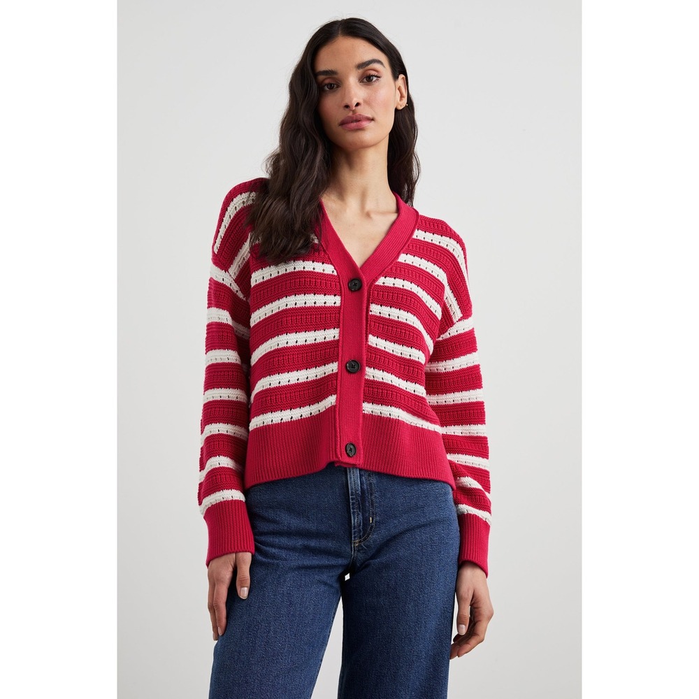 Rails Geneva Cardigan Pink White Stripe Pointelle Knit V-Neck Sweater XS NWT